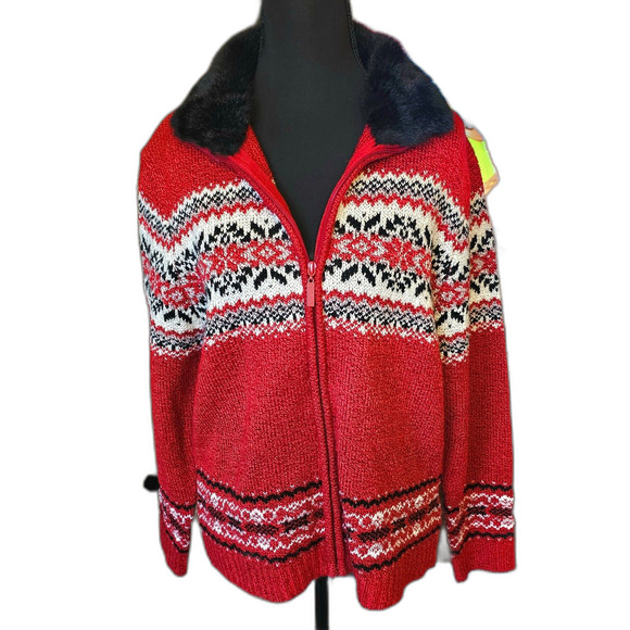 Vintage Carolyn Taylor Red Nordic Zip Up Christmas Sweater Faux Fur Collar Sz L - Picture 1 of 10